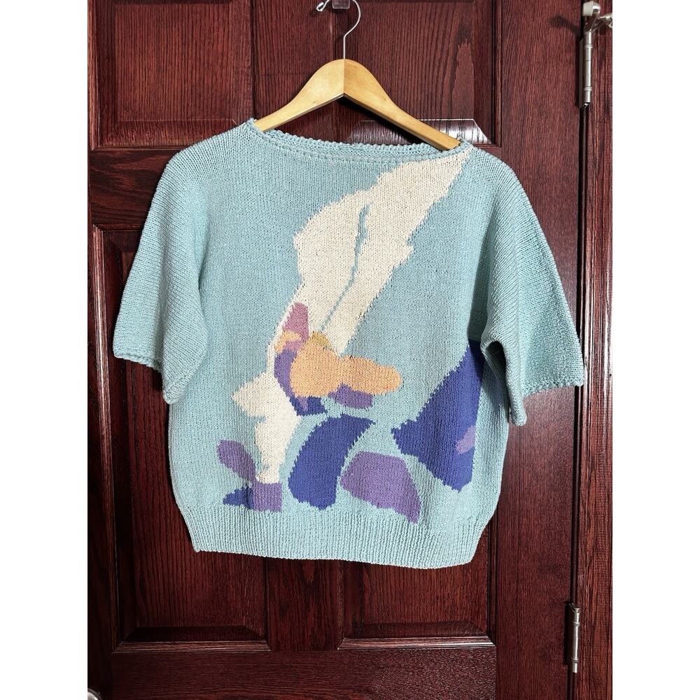 VTG Sweater 80s Intarsia Iris Floral Knit Boxy Short Sleeve Mint Seafoam Cottage